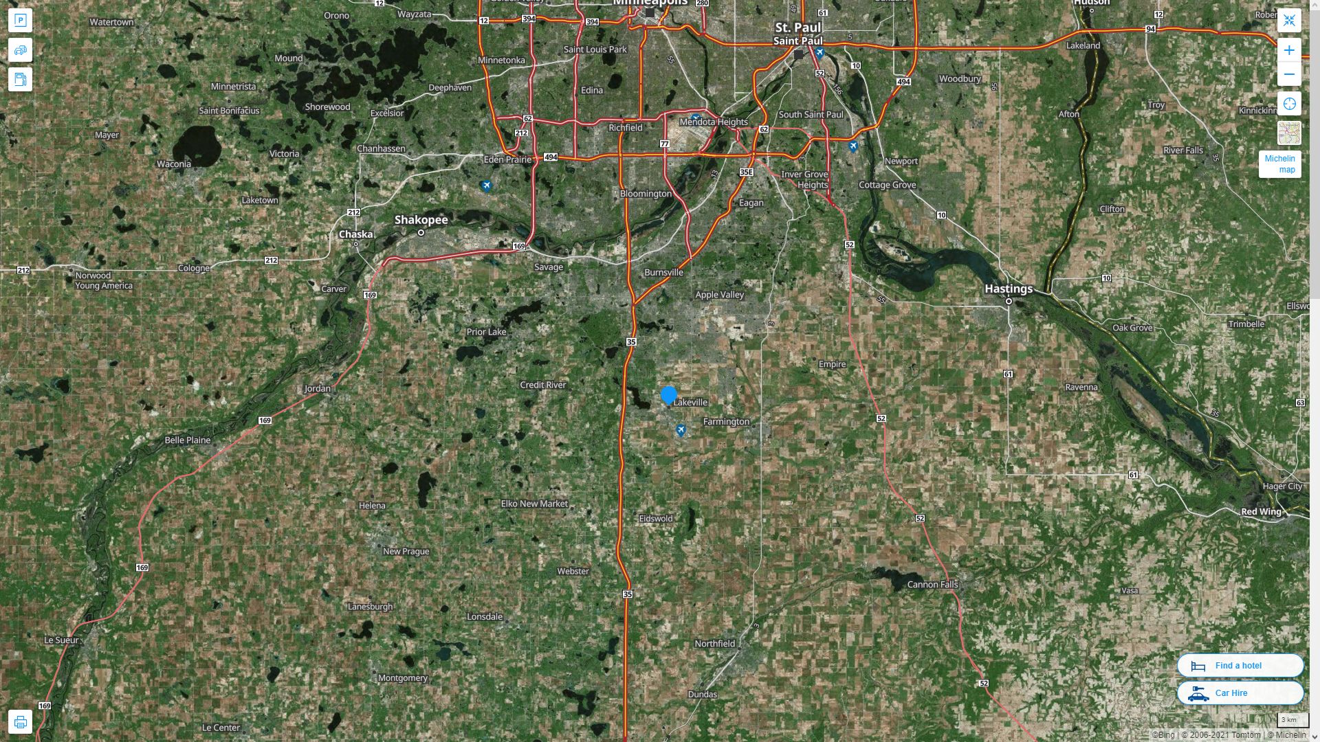 Lakeville Minnesota Highway and Road Map with Satellite View